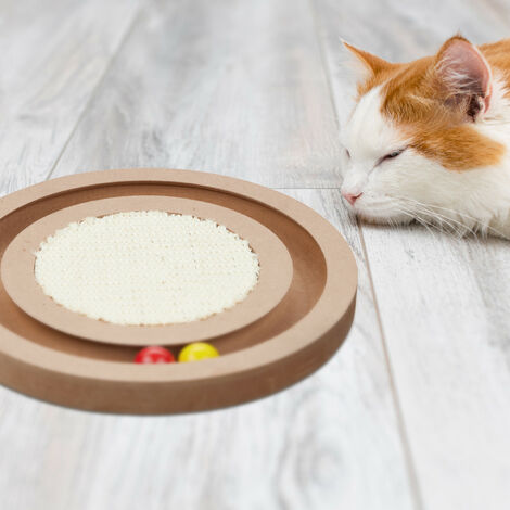 Relaxdays Katzen Kratzbrett, Ø 27,5 cm, MDF & Sisal, Katzenspielzeug Beschäftigung, Kratzrondell mit Kugelbahn, natur