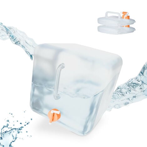 Relaxdays faltbarer Wasserkanister, 3er Set, 20 l, Kanister mit Zapfhahn,  BPA-frei, lebensmittelecht, transparent/orange