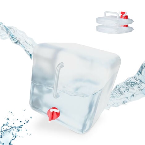 Relaxdays faltbarer Wasserkanister, 3er Set, 20 l, Kanister mit Zapfhahn,  BPA-frei, lebensmittelecht, transparent/rot