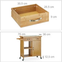 Relaxdays Küchenwagen Holz, Bambus, 4 Rollen, Arbeitsplatte aus Marmor, mit Schubladen, HBT: 85,5 x 89,5 x 36 cm, natur