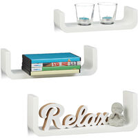Relaxdays Wandregal 3er Set, dekorative U-form Wandboards, kleine Holz-Regalbretter 10 cm tief, bis 40 cm breit, weiß