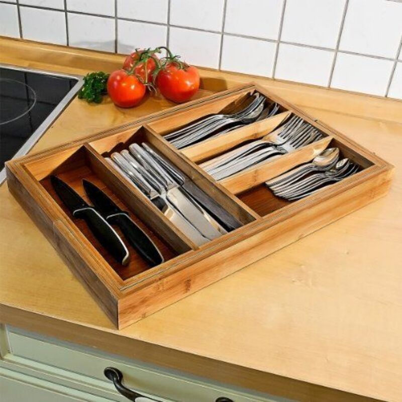 Relaxdays Boîte à Couverts Tiroir Extensible Bambou - 5 à 7 Casiers - Organiseur 48x33,5cm