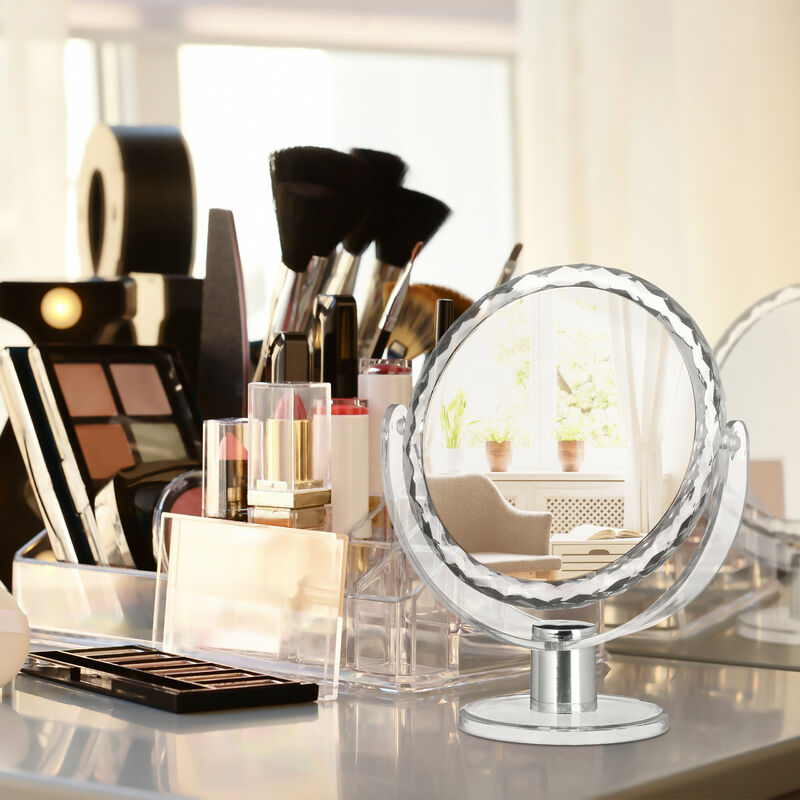 Relaxdays Miroir cosmétique, grossissant 2x, sur pied, double face,  pivotant à 360°, rond, HxLxP 27,5x18x10,5cm, cuivré