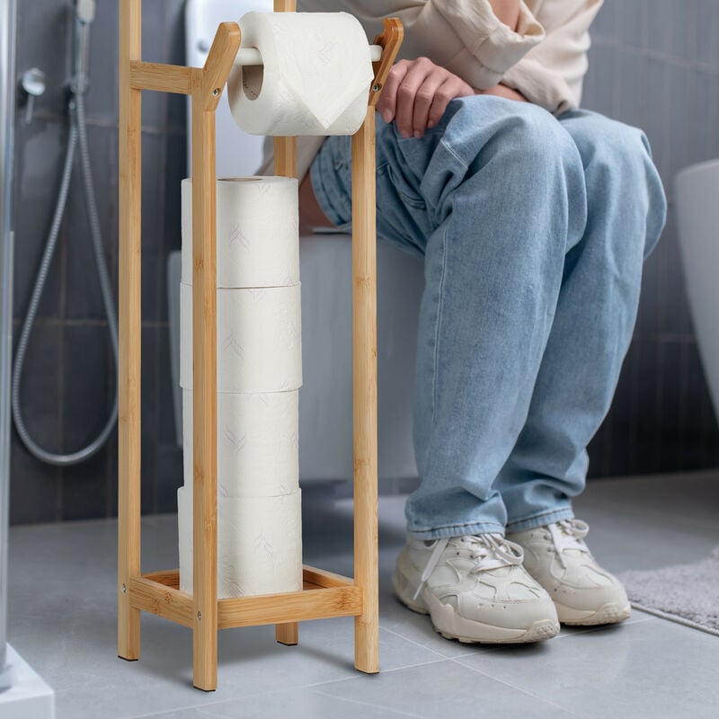Relaxdays support à papier toilette sur pied, bambou, avec rangement pour  rechange, 5 rouleaux, 71x19x19 cm, noir/nature