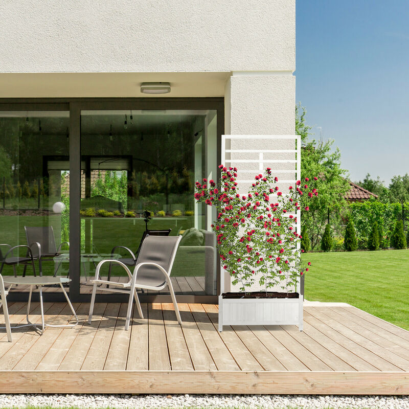 Relaxdays Jardinière en bois, avec treillis, brise-vue, H x L x P : 171 x  71,5 x 32 cm, balcon et jardin, blanche