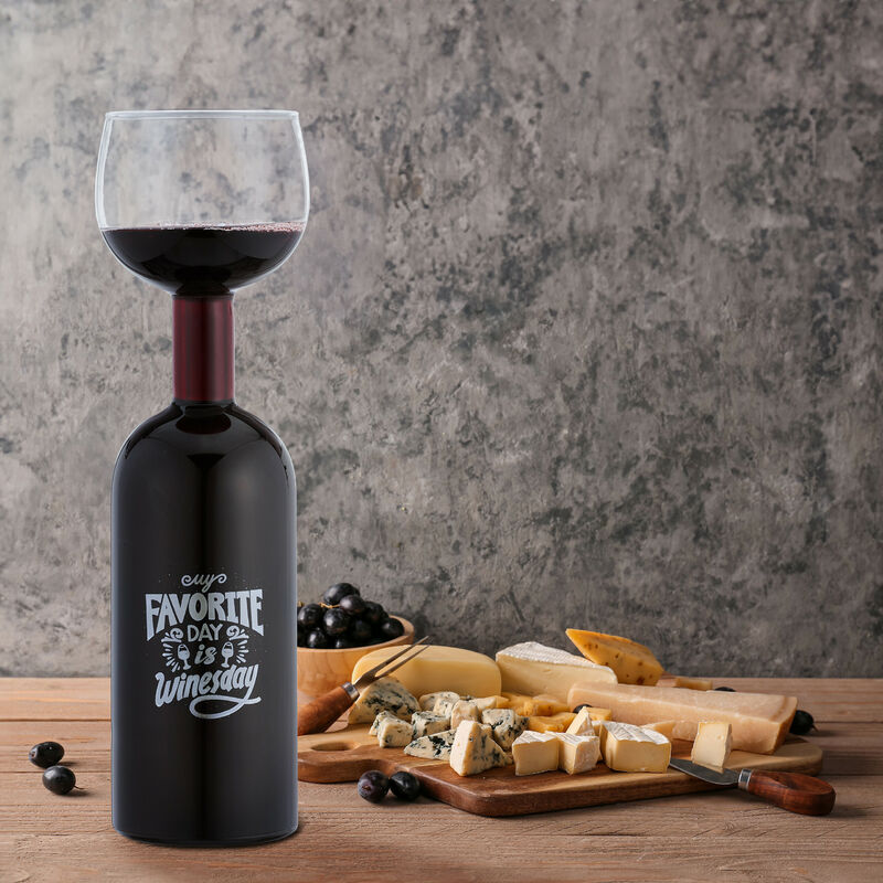 Relaxdays Bouteille avec verre intégré, 750 ml, superbe idée cadeau  original pour les amateurs de vin, transparent