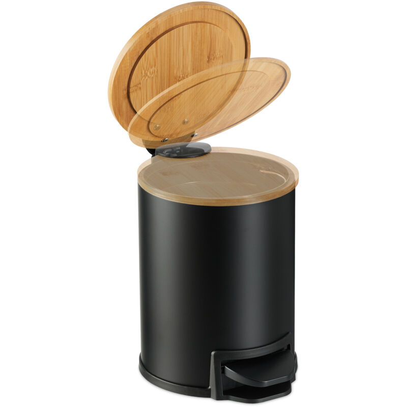 Relaxdays 3 L Poubelle De Bain à Pédale, Panier Avec Seau Amovible Et Couvercle Amortissant, En Fer Et Bambou, Noir