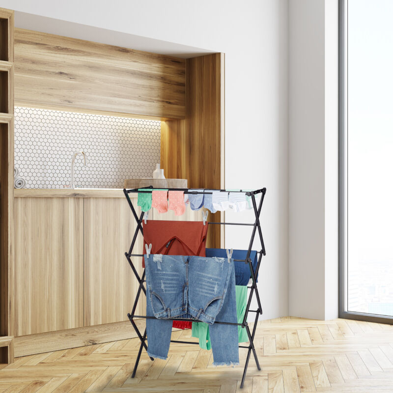 Étendoir à Linge Pliable Relaxdays - 11 Barres, 6 Niveaux - Extensible Et Gain De Place - Noir