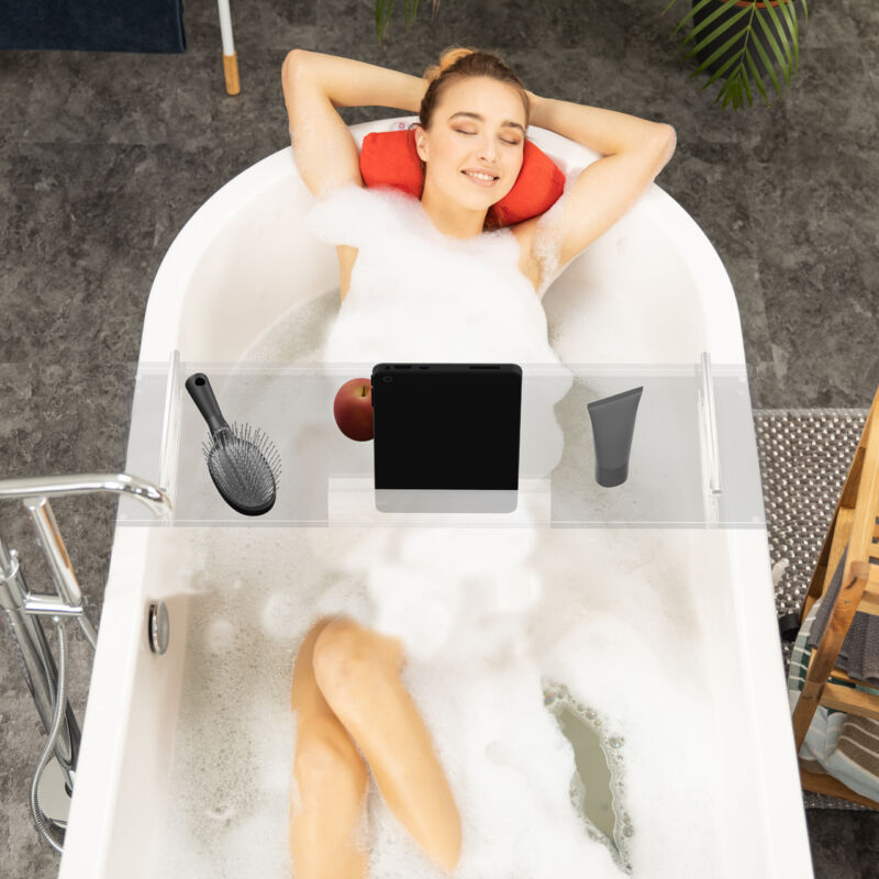 Plateau Baignoire Relaxdays Extensible - 55.5 à 78cm - Blanc Antidérapant