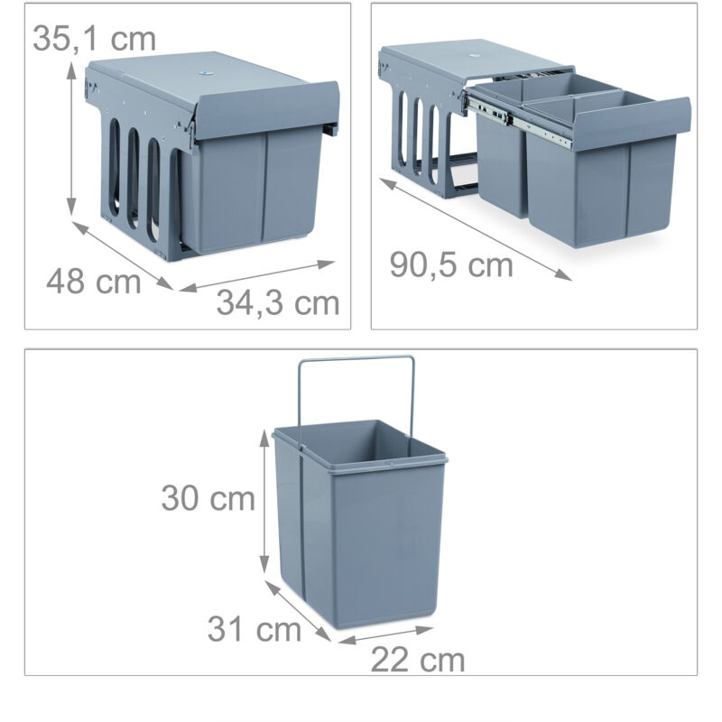 Poubelle De Cuisine Intégrée 2x35L Grise - Extracteur Intégré - Pour Placard 500mm