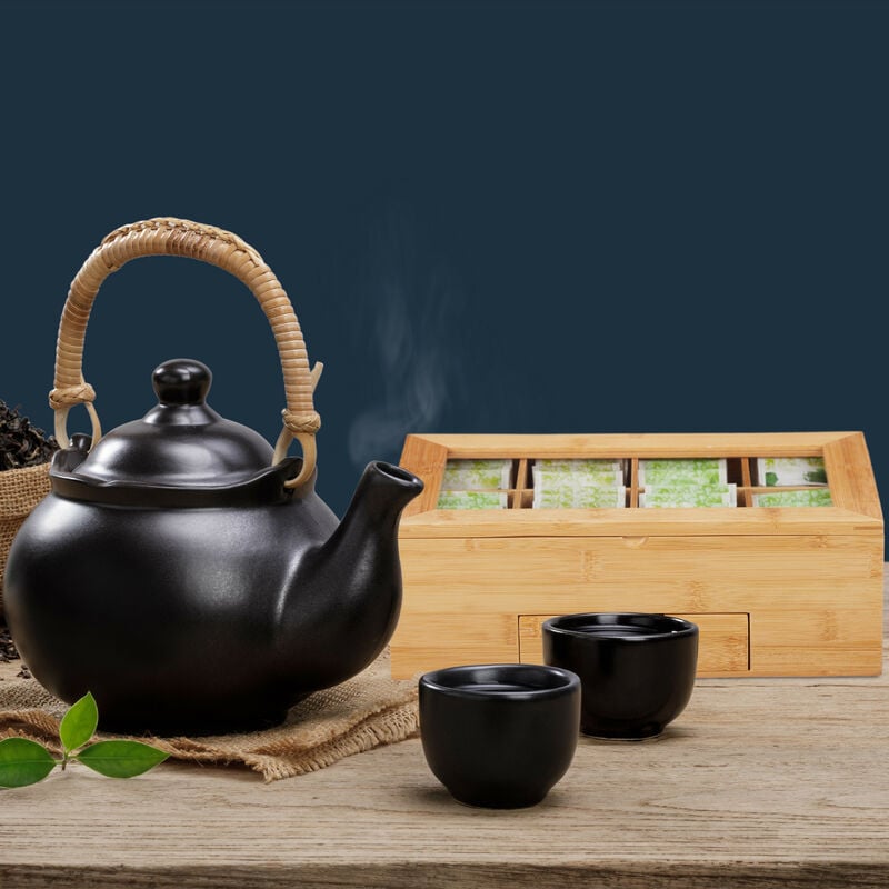 Relaxdays Boîte à thé, effet bois, 7 compartiments, rangement sachet  tisane, coffret fenêtre, HxLxP : 8x25x25,5 cm, noir