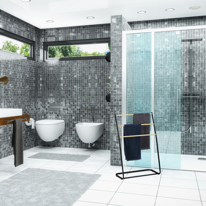 Porte-serviettes 4 Barres Avec étagère - Bambou Et Fer, Dimensions 87x60,5x37,5 Cm | Pour Salle De Bain Ou Cuisine
