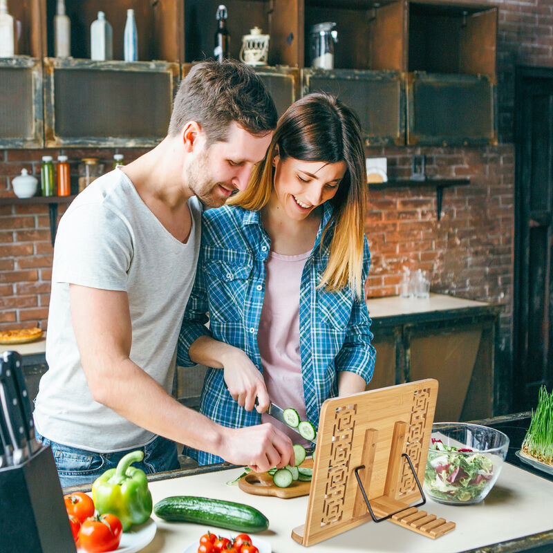 Porte-livre En Bambou Réglable – Support Recettes Cuisine, Tablette, 5 Angles, Pinces Incluses