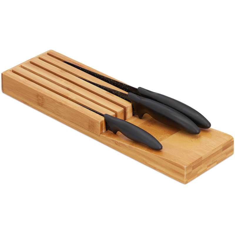 Relaxdays Range couteaux tiroir, 12 couteaux & aiguisoir, bloc en bambou,  horizontal, HLP: 4,5 x 43,5 x 23 cm, nature