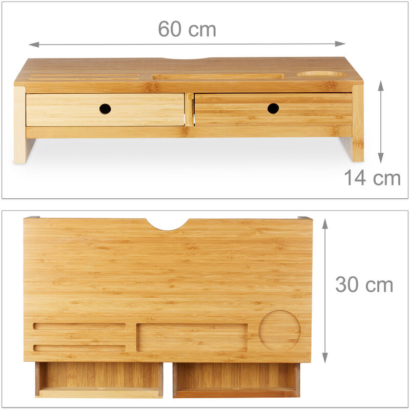 Relaxdays Support moniteur bambou, Rehausseur écran 2 tiroirs