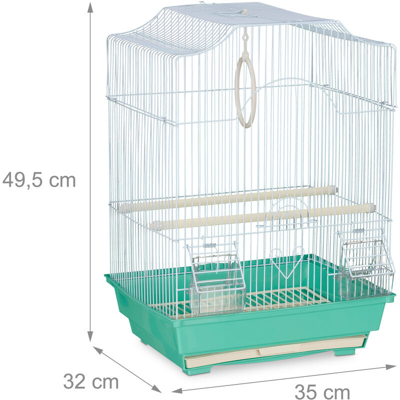 Relaxdays Cage à oiseaux, métal, pour de petits canaris, perchoirs &  mangeoires, HLP 56,5 x 46,5 x 35,5 cm, vert