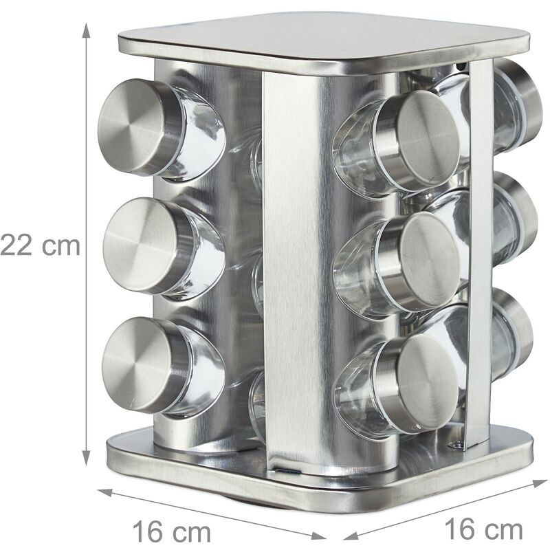 Relaxdays Carrousel à épices, avec 12 pots, étagère rotative à 360°, inox,  verre, HxD 31x18 cm, tourniquet, argent/noir