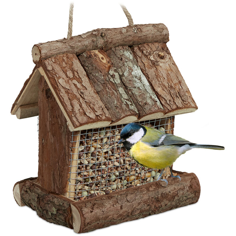 Relaxdays Mangeoire d'extérieur pour oiseaux, à suspendre, nichoir en bois,  H x L x P : 35 x 42,5 x 40,5 cm, grise