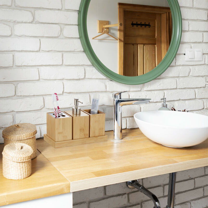 Relaxdays - Set De 7 Accessoires Salle De Bain En Plastique Blanc Et Bambou (poubelle, Brosse WC, Distributeur, Etc.) - 10