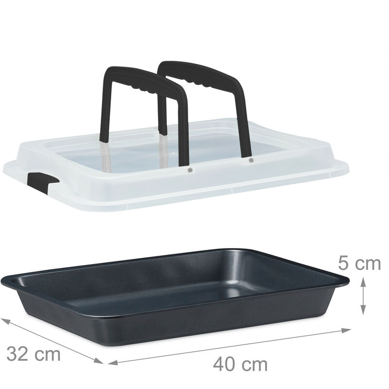Plaque 1 élément Relaxdays 10024300_46 Plat Four avec Couvercle Noir/Gris LxP 40 x 32,5 cm Transport gâteaux 3 en 1 Bord Haut 