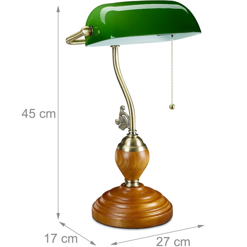 Relaxdays Lampe de banquier interrupteur à tirette, abat jour inclinable,  socle bois, design retro, douille E27, bureau.