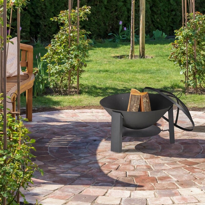 terrasse Relaxdays Brasero de Jardin Fonte et Acier Noir avec Pare-étincelles et tisonnier bac à feu HxD 51x60 cm