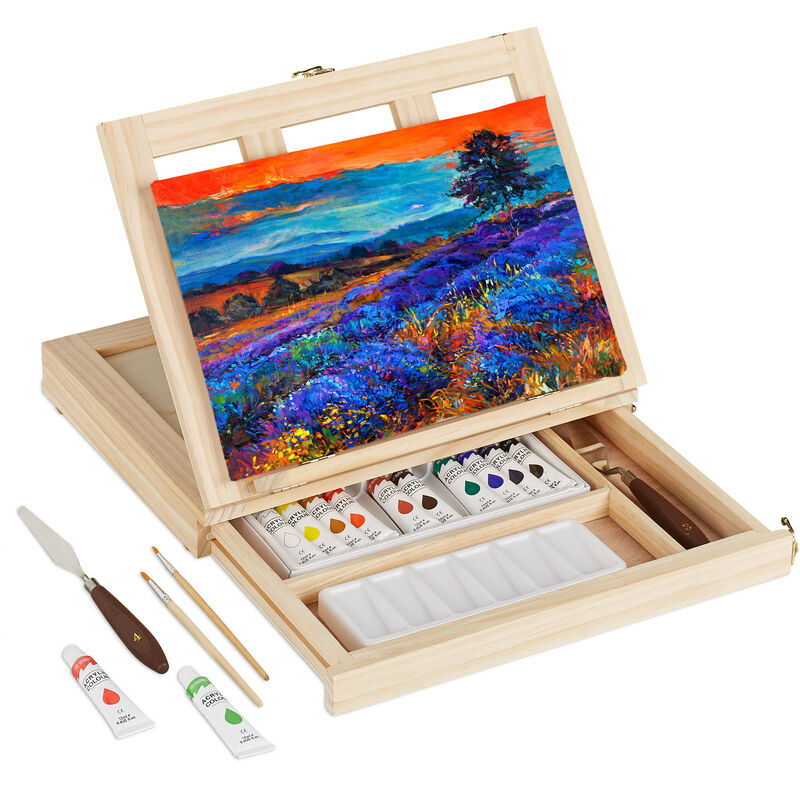 Relaxdays Coffret Peinture en Bois, Valise, Set, 18 Tubes, Palette,  pinceaux, Huile, Couteau à Peindre, Godet, Nature