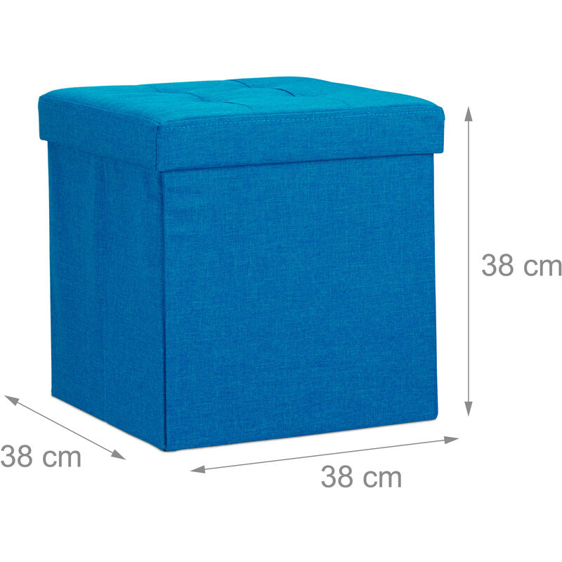 Relaxdays Tabouret pliant en lin pouf de rangement pliable repose-pieds de  stockage carré 38 x 38 x 38 cm, bleu