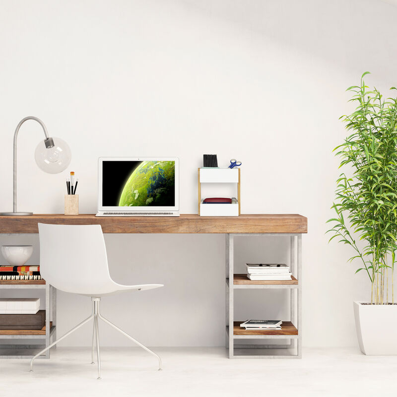 Relaxdays Organiseur De Bureau Bambou 2 Compartiments - Rangement Blanc 25x22,5x16,5 Cm