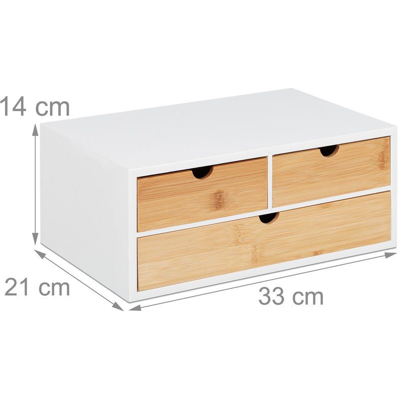 Relaxdays Boîte à Tiroirs, Bambou Et MDF, Mini-Commode 3 Compartiments, HLP : 14,5x25x20 Cm, Organiseur, Nature/Blanc