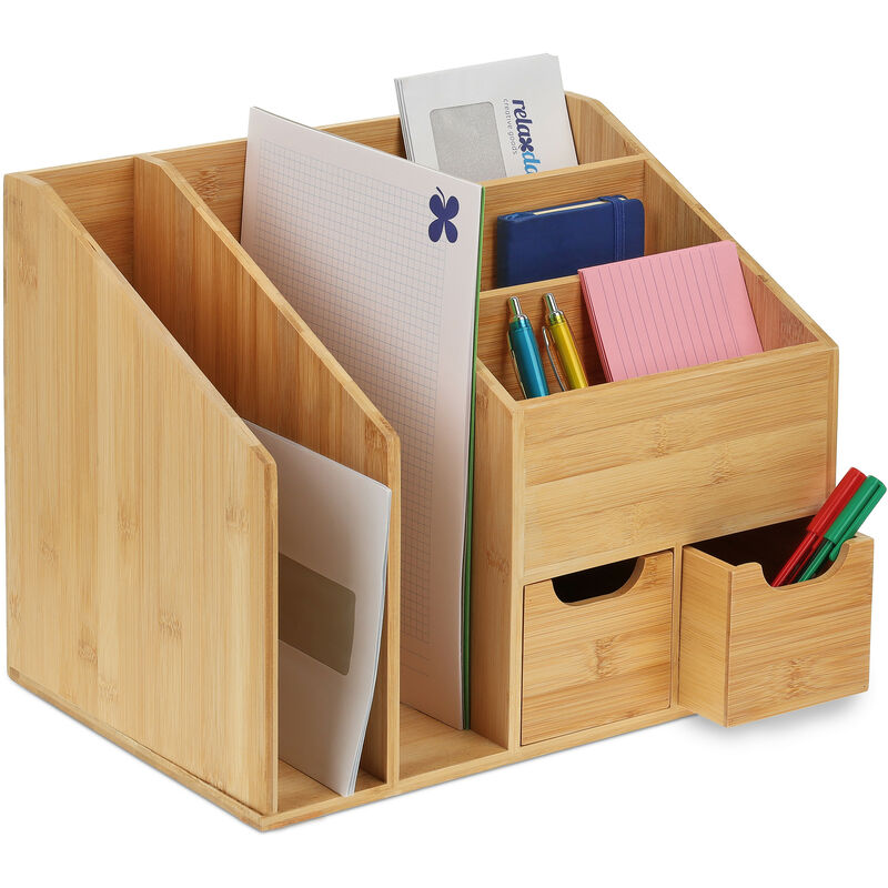 Relaxdays Organiseur bureau, bambou, 3 compartiments, trieur courrier  pratique, porte-documents, HLP: 13x18x8 cm, nature