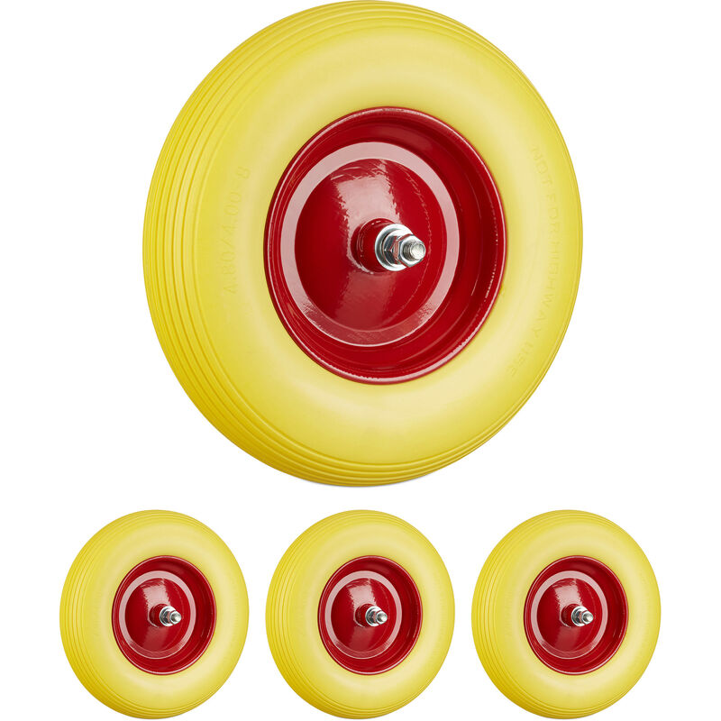 Lot de 4 roues de brouette caoutchouc, avec axe, 4.80 4.00-8, caoutchouc  polyuréthane essieu 100 kg, jaune/rouge