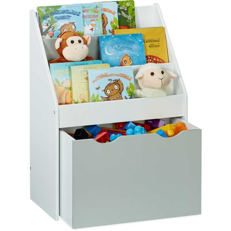 Bibliothèque Enfant Relaxdays 70x50.5x28cm - Gris/Blanc - Avec Coffre à Jouets Et 3 Compartiments - MDF