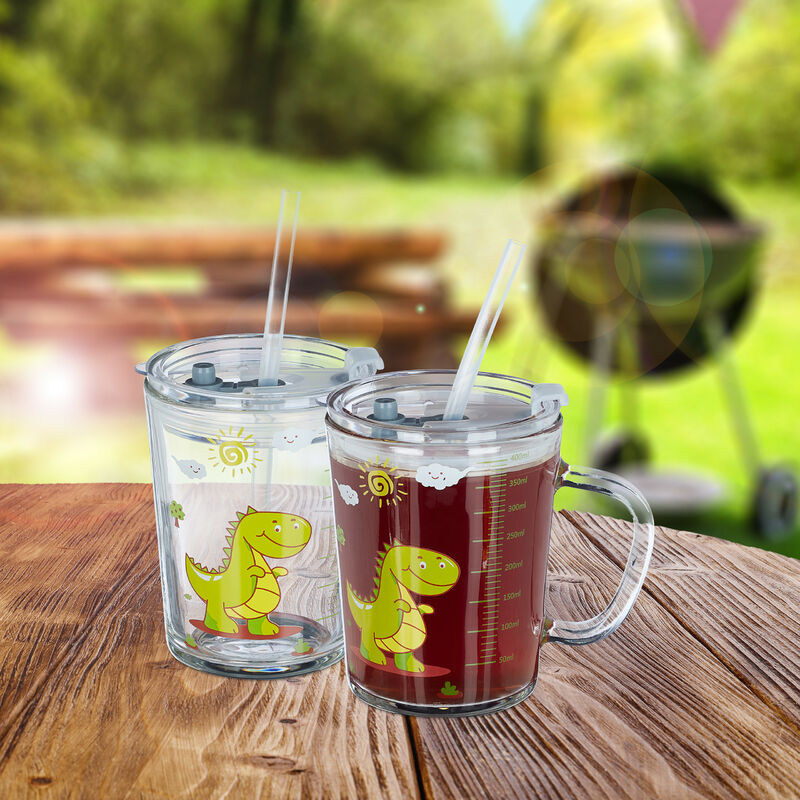 Relaxdays Lot De 2 Tasses Enfant Dinosaure 400 Ml - Verre Avec Poignée, Couvercle Et Paille, Motif Dino Mignon, Transparent