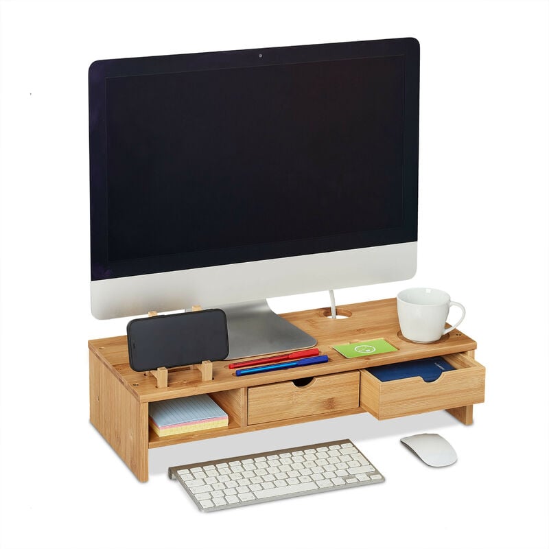 Relaxdays Support d'écran en bambou, 5 tiroirs, réhausseur d'écran  d'ordinateur/laptop, HxLxP : 13 x 70 x 19 cm, naturel