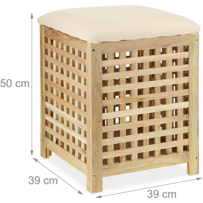 Relaxdays Panier à Linge Avec Siège En Bois De Noyer - 45 Litres, HxLxP 50 X 39 X 39 Cm, Nature