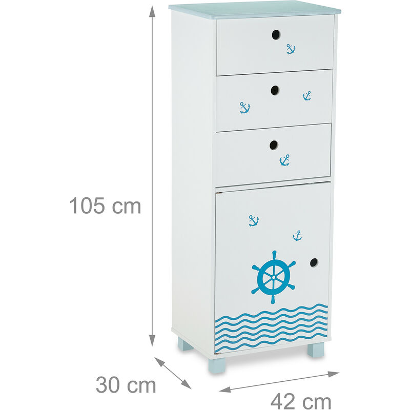 Commode Enfant Relaxdays - Thème Maritime 3 Tiroirs - 105x42x30 Cm