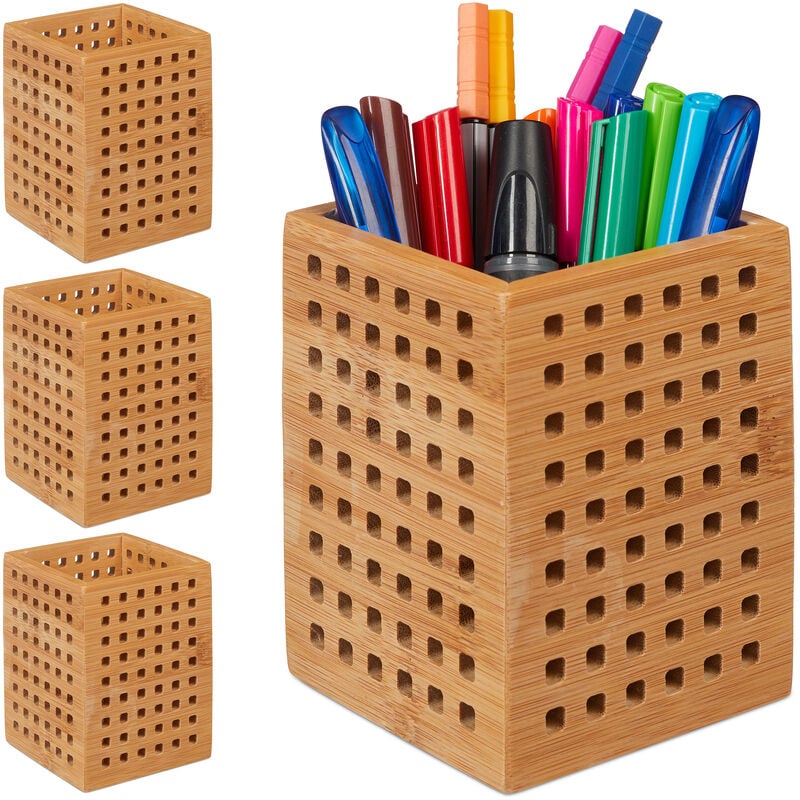 Pot à crayon bambou, lot de 4, porte-stylos bois, pour ciseaux, style  maison de campagne, HxLxP 11,5 x 9 x 9 cm, nature