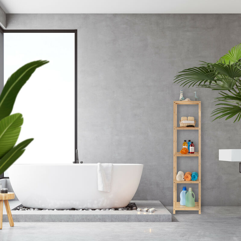 Relaxdays - Étagère Colonne Bambou 5 Niveaux Nature - Rangement Salle De Bain, Cuisine Ou Couloir, Design Élégant Et Résistant à L'Humidité 121x33x28 Cm