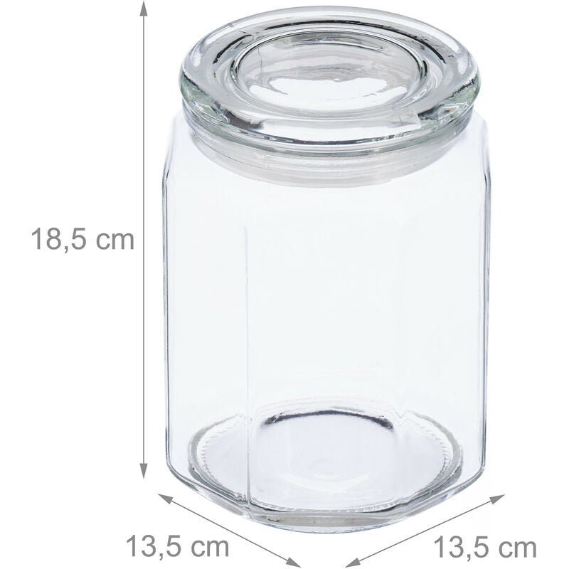 Relaxdays Bocal en verre avec couvercle, lot pratique de 6, 2,4 l,  octogonal, hermétique, 22,5x13,5x13,5 cm, transparent