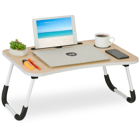 Relaxdays Table lit et canapé ordinateur portable, porte-tablette encoche gobelet, HxLxP: env. 26x63x40 cm, nature/blanc