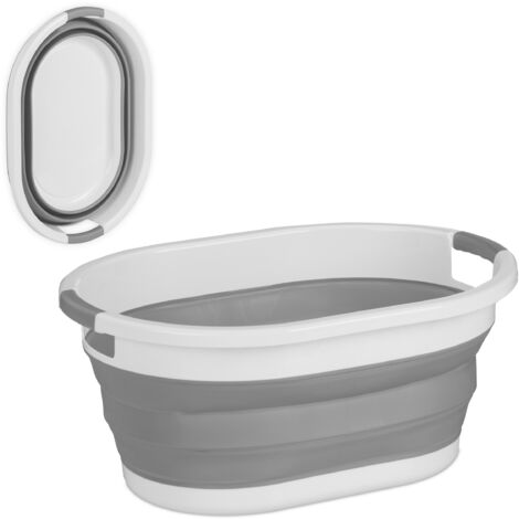 Relaxdays Panier à linge, 36 litres, en plastique, pliable, rangement peu encombrant, avec poignées, gris/blanc (1/5)