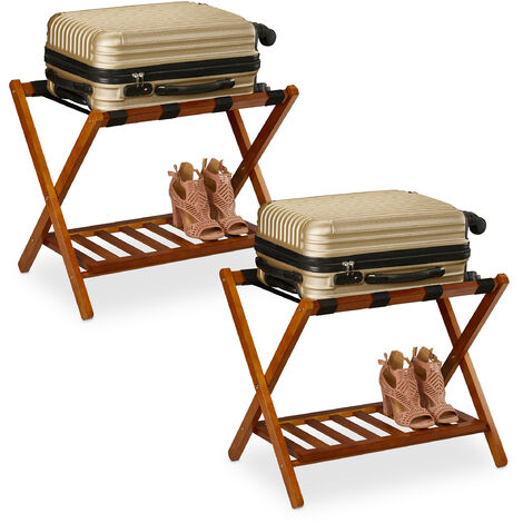 Relaxdays Porte-bagages pliables, lot de 2, bois, H x L x P : 54 x 66 x 45 cm, 2 étagères, rangement pour hôtel, nature