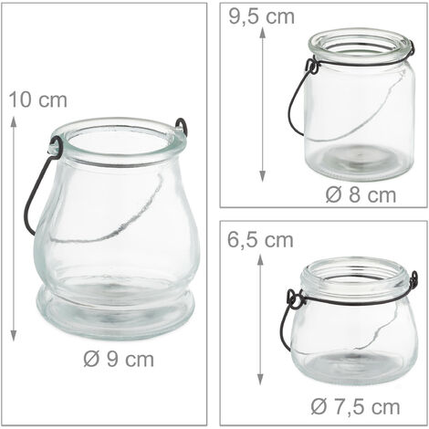Relaxdays Photophore En Verre, Lot De 12, Porte-bougie Avec Anse Noire Hxd 9 5x8 Cm Bougeoir Rond Transparent Noir S 790200