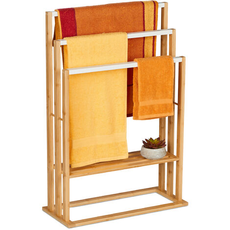Relaxdays Porte-serviettes en bambou, 3 barres, 2 étagères, HxLxP:  134x53x31,5 cm, pliable, sèche-serviettes