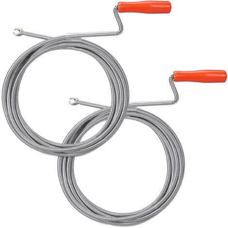 Spirale de nettoyage de tuyaux avec pince, lot de 2, nettoyage mécanique tuyaux, WC, douche, éviers, 9 mm x 5 m, argenté