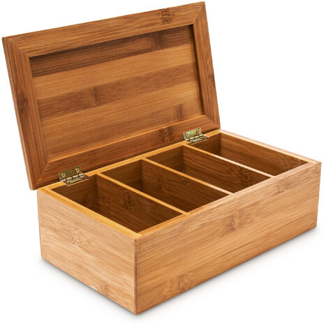 Boîte à Thé Relaxdays 4 Compartiments - Bambou, Couvercle, Rangement 80 Sachets, 9x28,5x16cm
