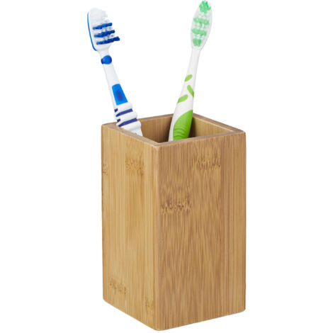 Relaxdays Gobelet porte brosse à dents HxlxP: 11 x 6,5 x 6,5 cm bambou nature verre salle de bain, nature
