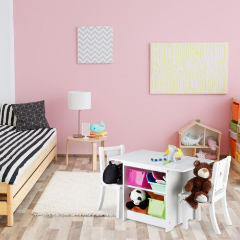 Table Et 2 Chaises Enfant Relaxdays | Blanc Et Nature | Pour Chambre D'Enfant | Hauteur Table 45cm | Bois Et MDF