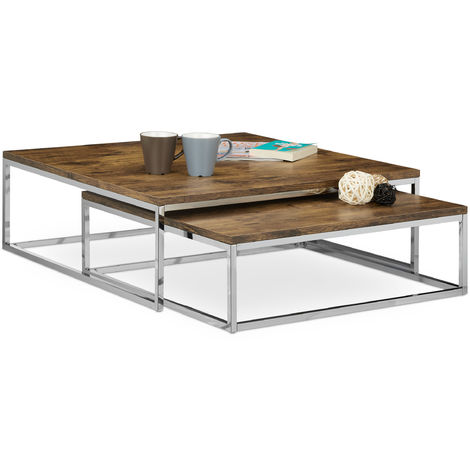 Relaxdays Table basse avec plateau FLAT,  lot de 2, design rustique, MDF et acier, HLP 27 x 80 x 80 cm, marron foncé